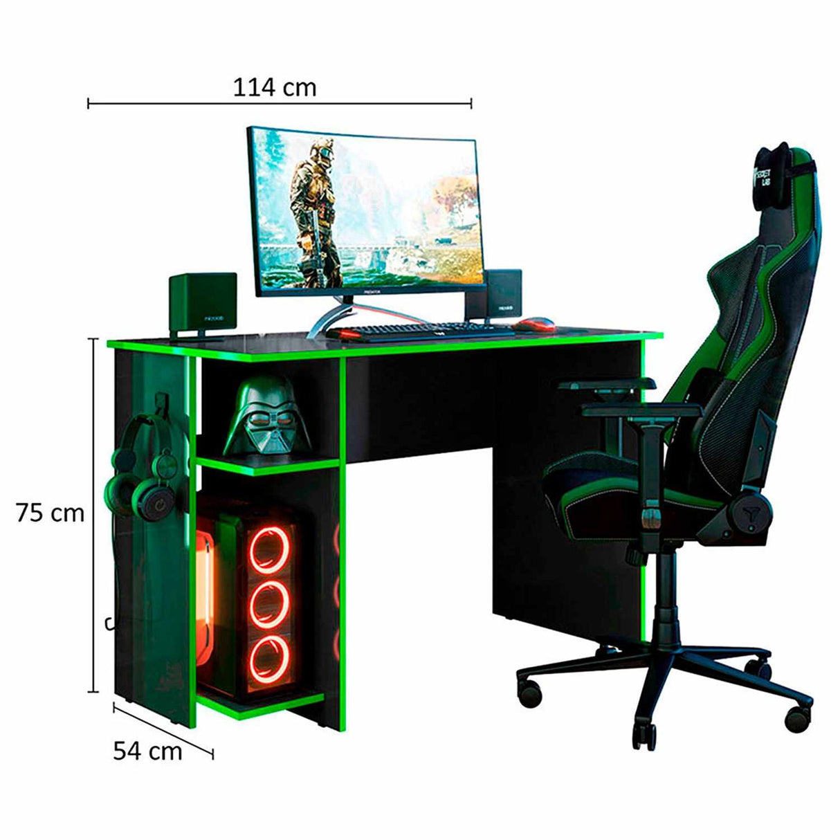 Escritorio Gamer Lyon Negro - Verde 114 cm con Compartimiento - Escritorios | Bylmo