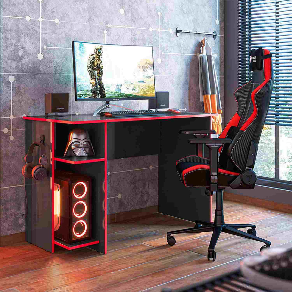 Escritorio Gamer Montpellier Negro - Rojo 114 cm con Compartimiento - Escritorios | Bylmo