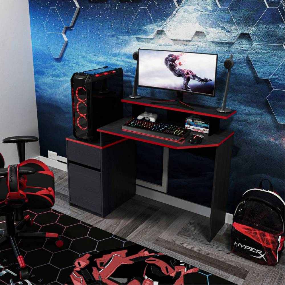 Escritorio Gamer Wengue y Rojo 120x88cm Con Un Cajón - Escritorios y Archivadores | Bylmo