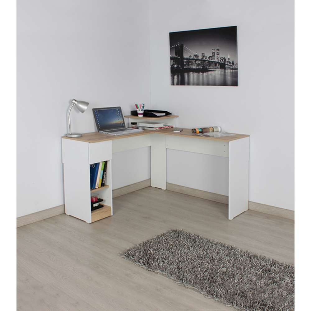 Escritorio en L Duna y Blanco 120.9x86.6cm sin Cajones y con Organizador de Libros - Escritorios y Archivadores | Bylmo