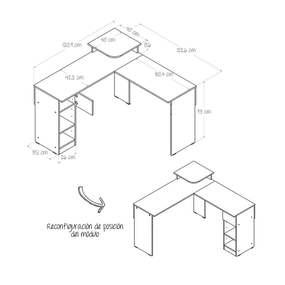 Escritorio en L Duna y Blanco 120.9x86.6cm sin Cajones y con Organizador de Libros - Escritorios y Archivadores | Bylmo