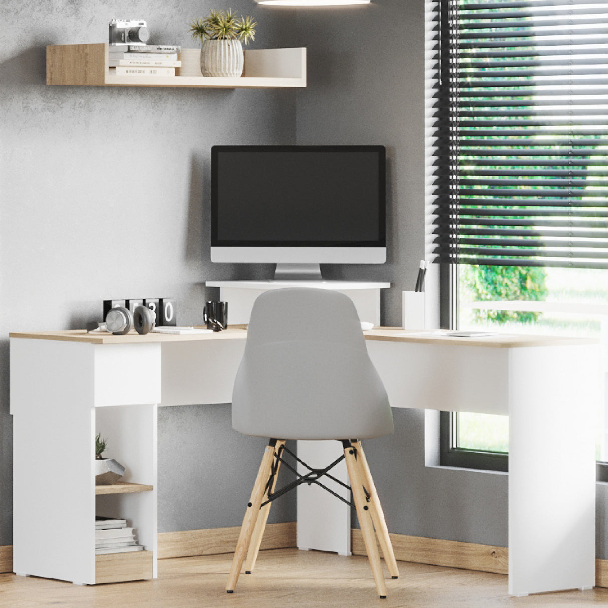 Escritorio en L Duna y Blanco 120.9x86.6cm sin Cajones y con Organizador de Libros - Escritorios y Archivadores | Bylmo