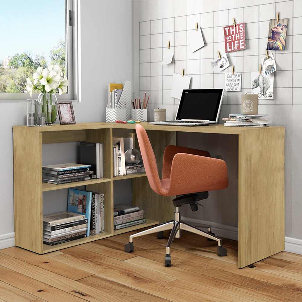Escritorio en L light Macadamia 135 cm con Biblioteca - Escritorios y Archivadores | Bylmo