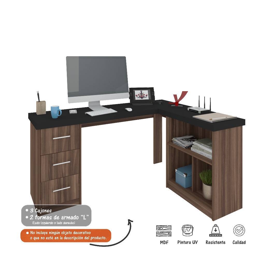 Escritorio en L Mali Habano 154 cm con Cajones y Entrepaño - Escritorios y Archivadores | Bylmo