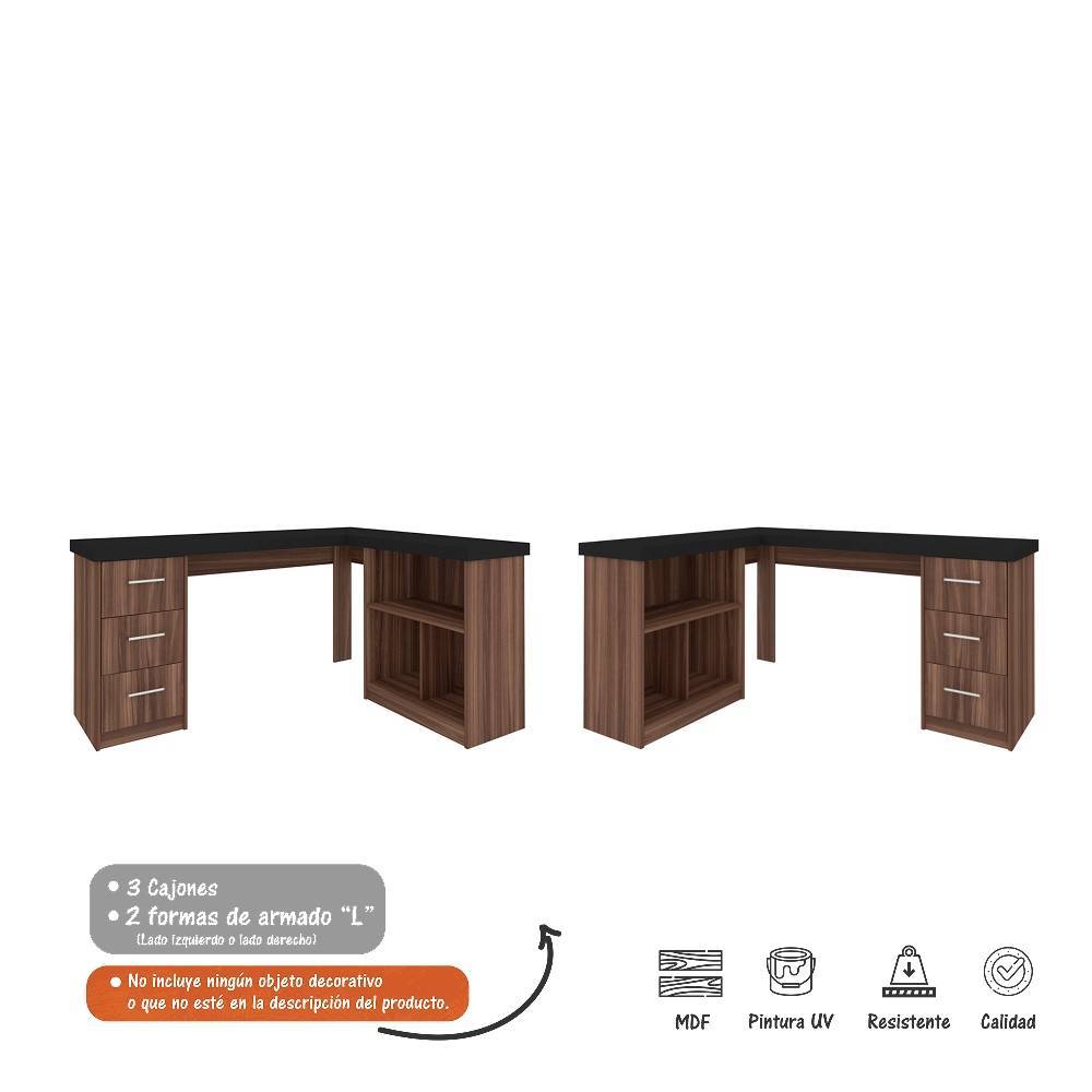 Escritorio en L Mali Habano 154 cm con Cajones y Entrepaño - Escritorios y Archivadores | Bylmo