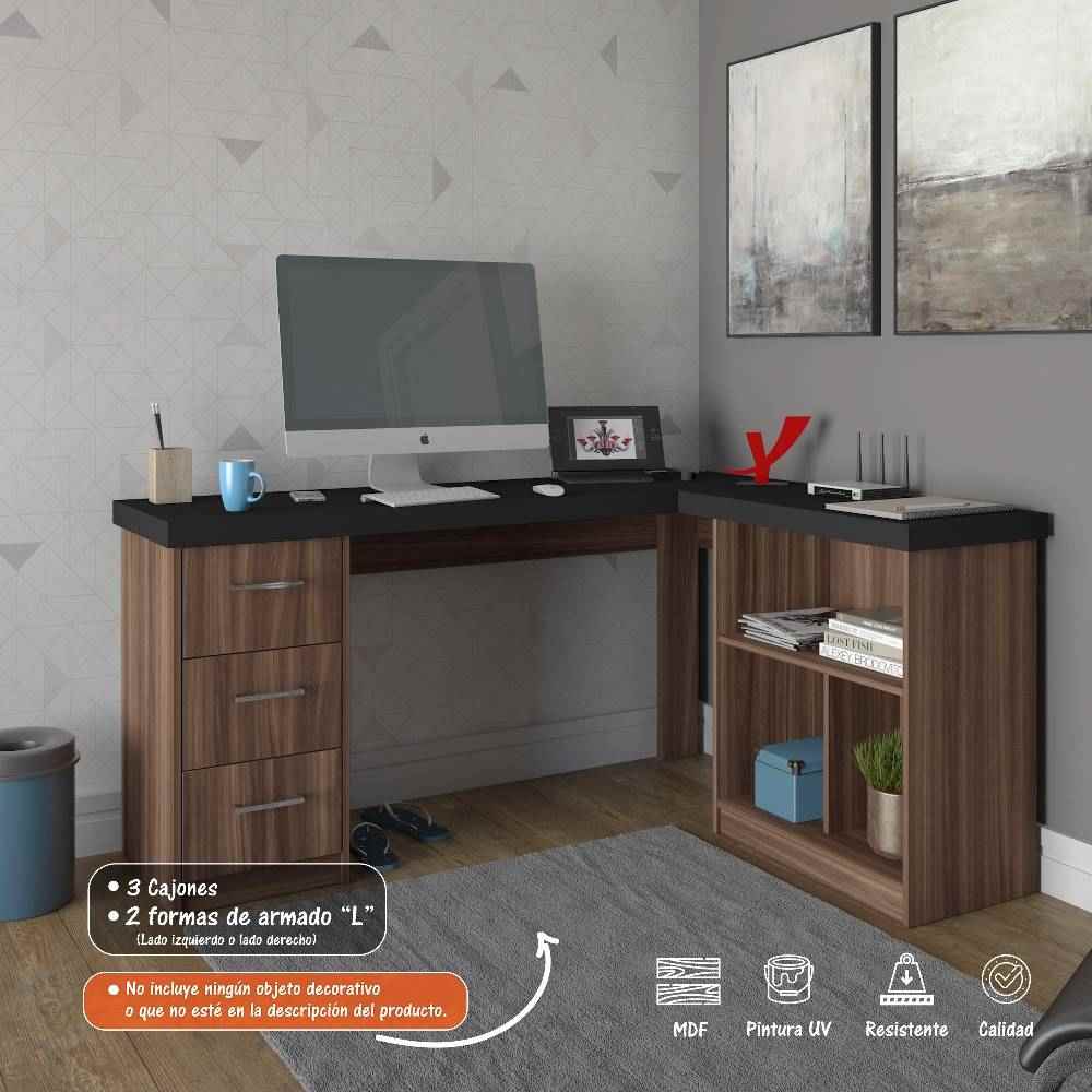 Escritorio en L Mali Habano 154 cm con Cajones y Entrepaño - Escritorios y Archivadores | Bylmo