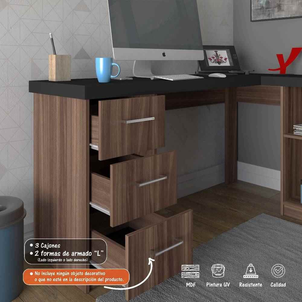 Escritorio en L Mali Habano 154 cm con Cajones y Entrepaño - Escritorios y Archivadores | Bylmo