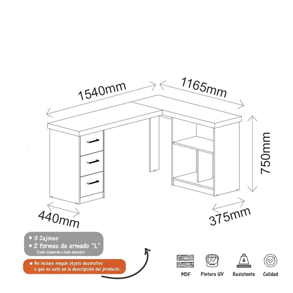 Escritorio en L Mali Habano 154 cm con Cajones y Entrepaño - Escritorios y Archivadores | Bylmo