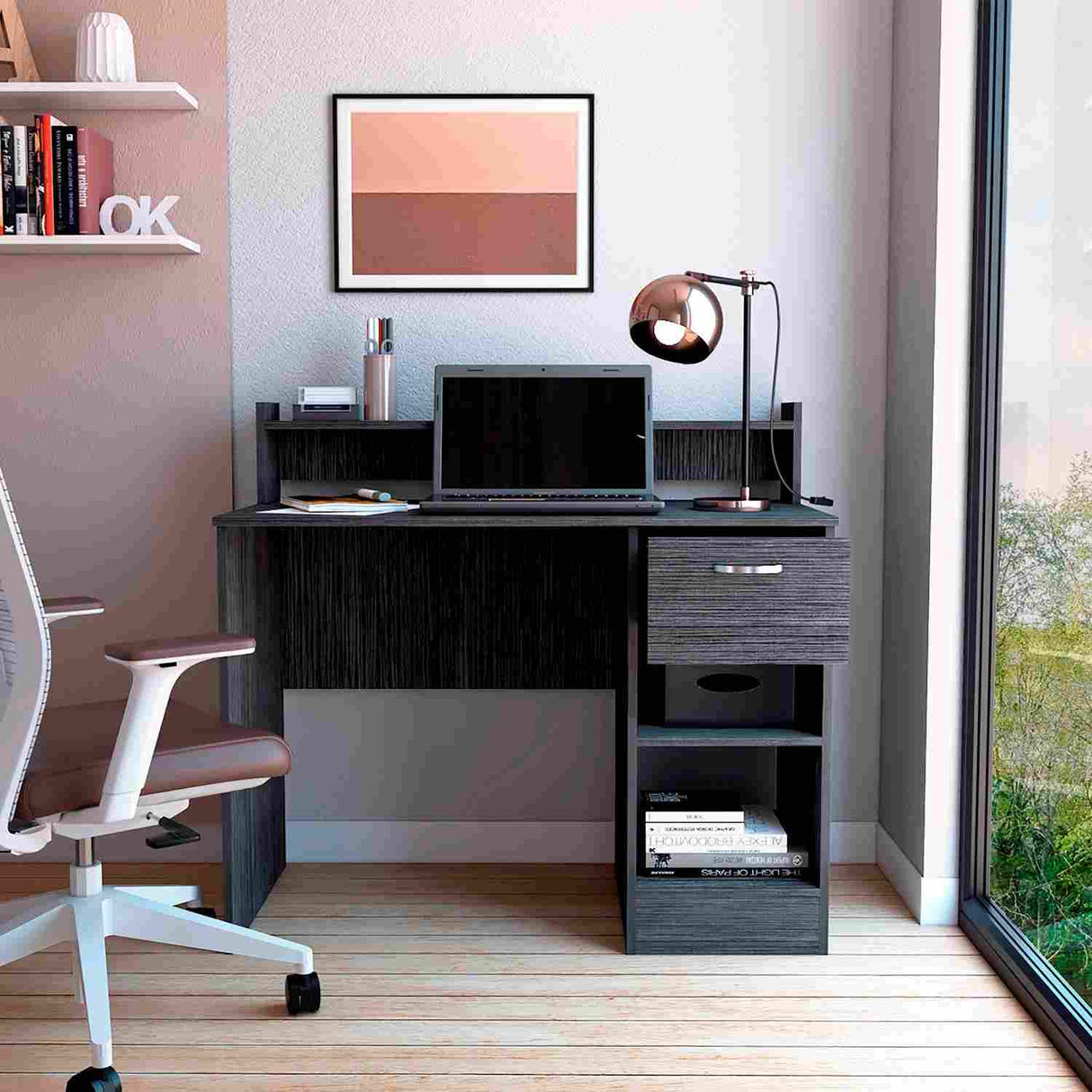 Escritorio Manaos Ceniza 102 cm con Un Cajón y Entrepaños - Escritorios | Bylmo