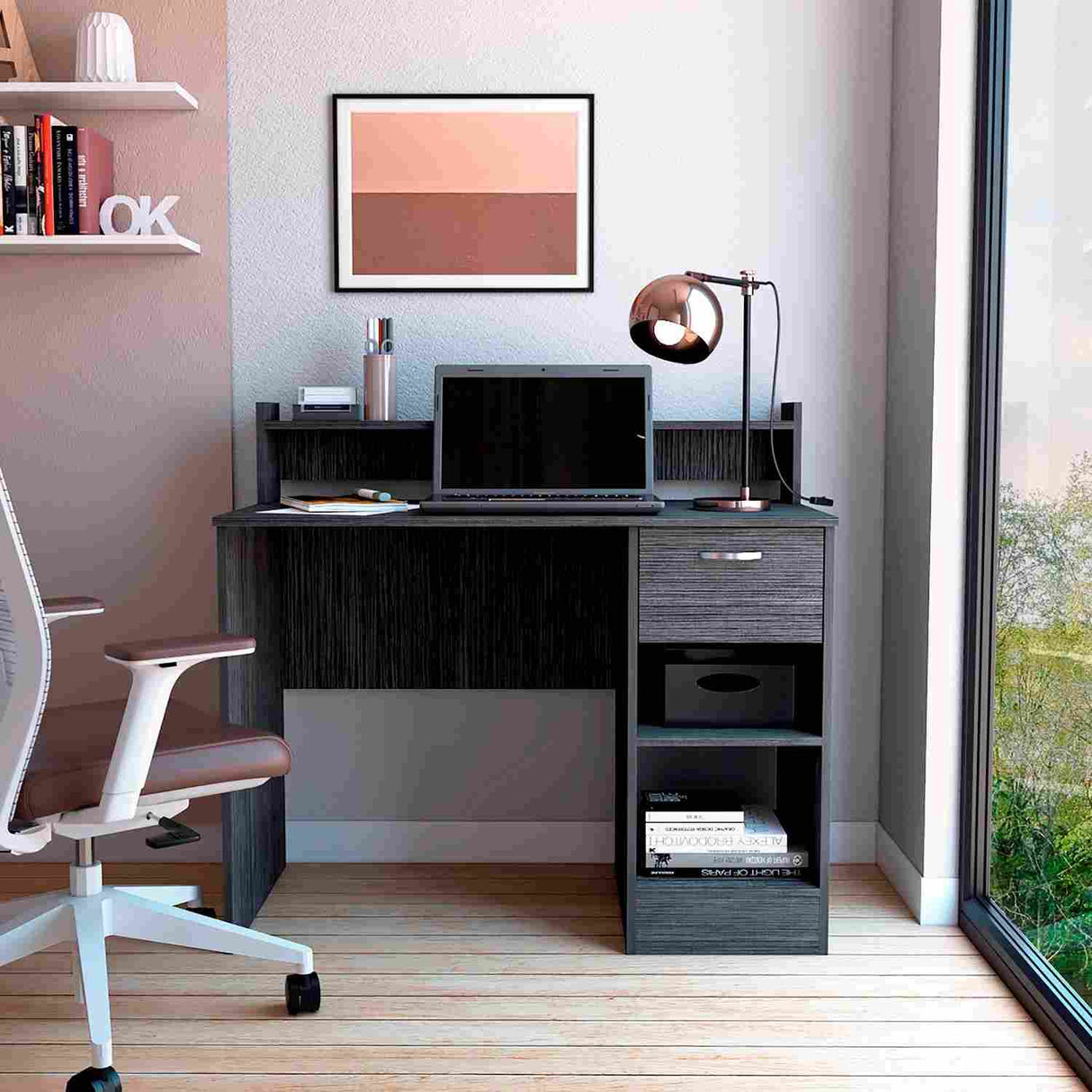 Escritorio Manaos Ceniza 102 cm con Un Cajón y Entrepaños - Escritorios | Bylmo