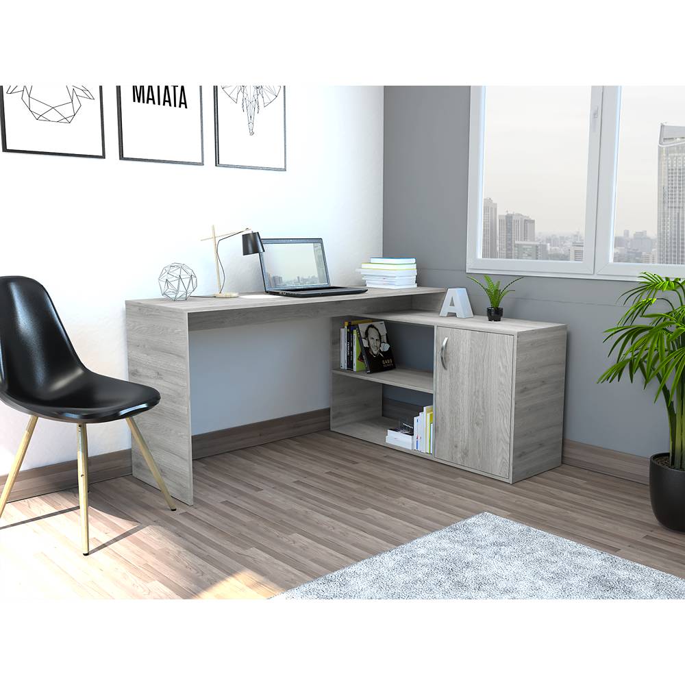 Escritorio en L Mega Ceniza 151.5x76.5cm sin Cajones y con Organizador de Libros - Escritorios y Archivadores | Bylmo