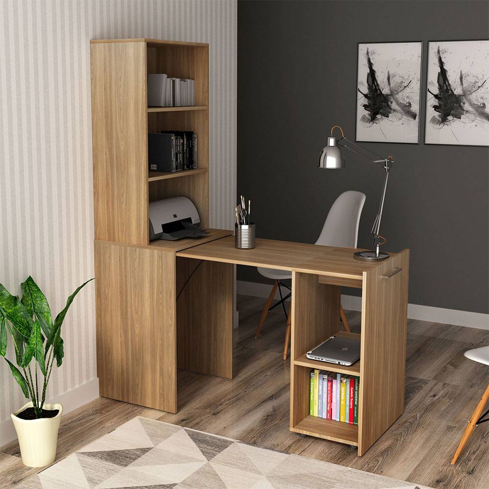 Escritorio Cuenca Teca 136 cm Transformable con Entrepaños y Biblioteca - Escritorios y Archivadores | Bylmo