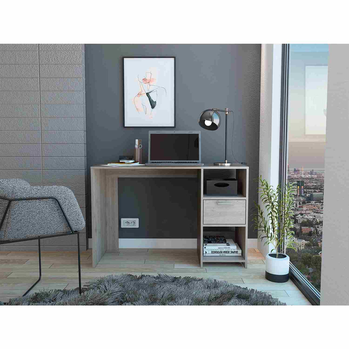 Escritorio Omma Ceniza 110 cm con Un Cajón y Dos Entrepaños - Escritorios | Bylmo