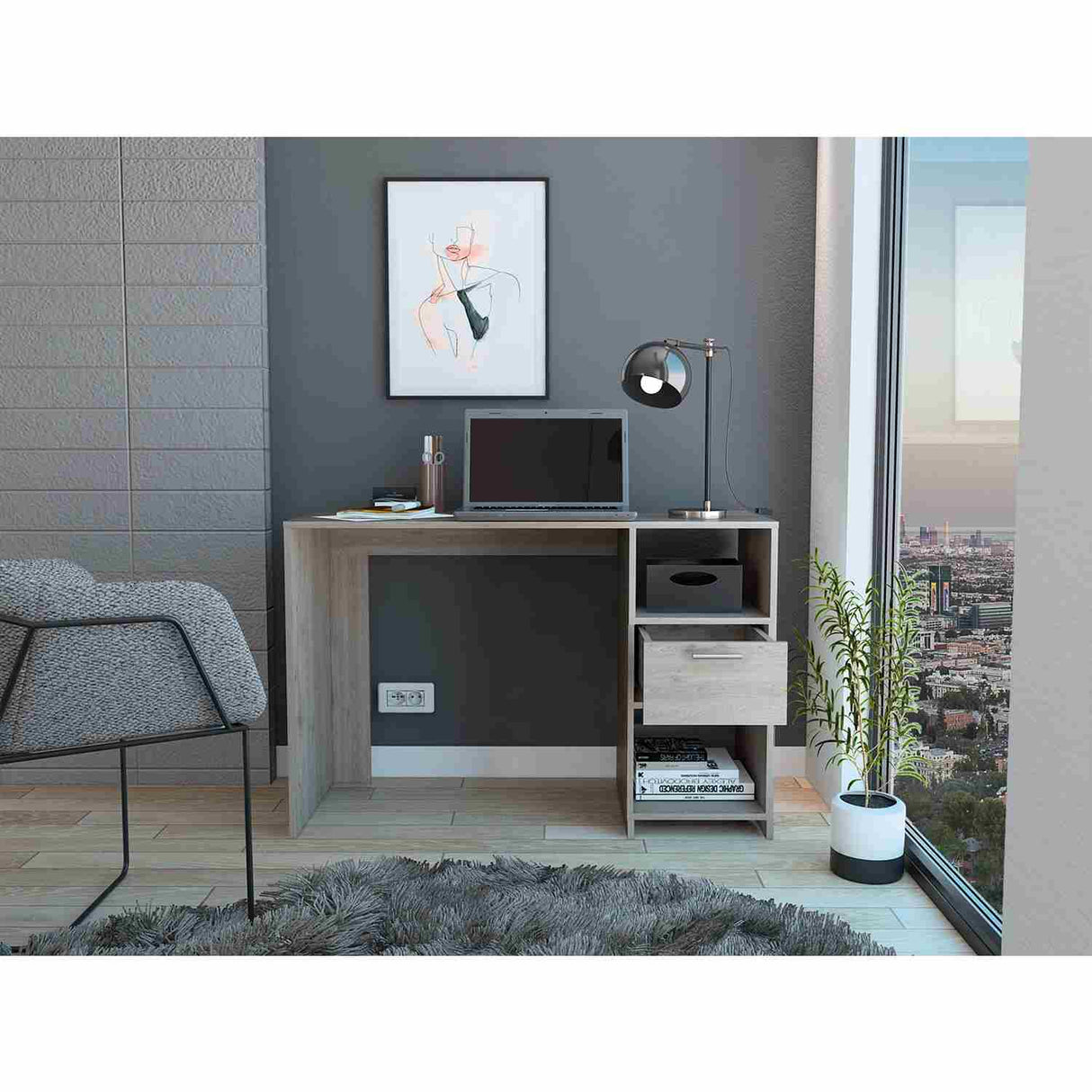 Escritorio Omma Ceniza 110 cm con Un Cajón y Dos Entrepaños - Escritorios | Bylmo