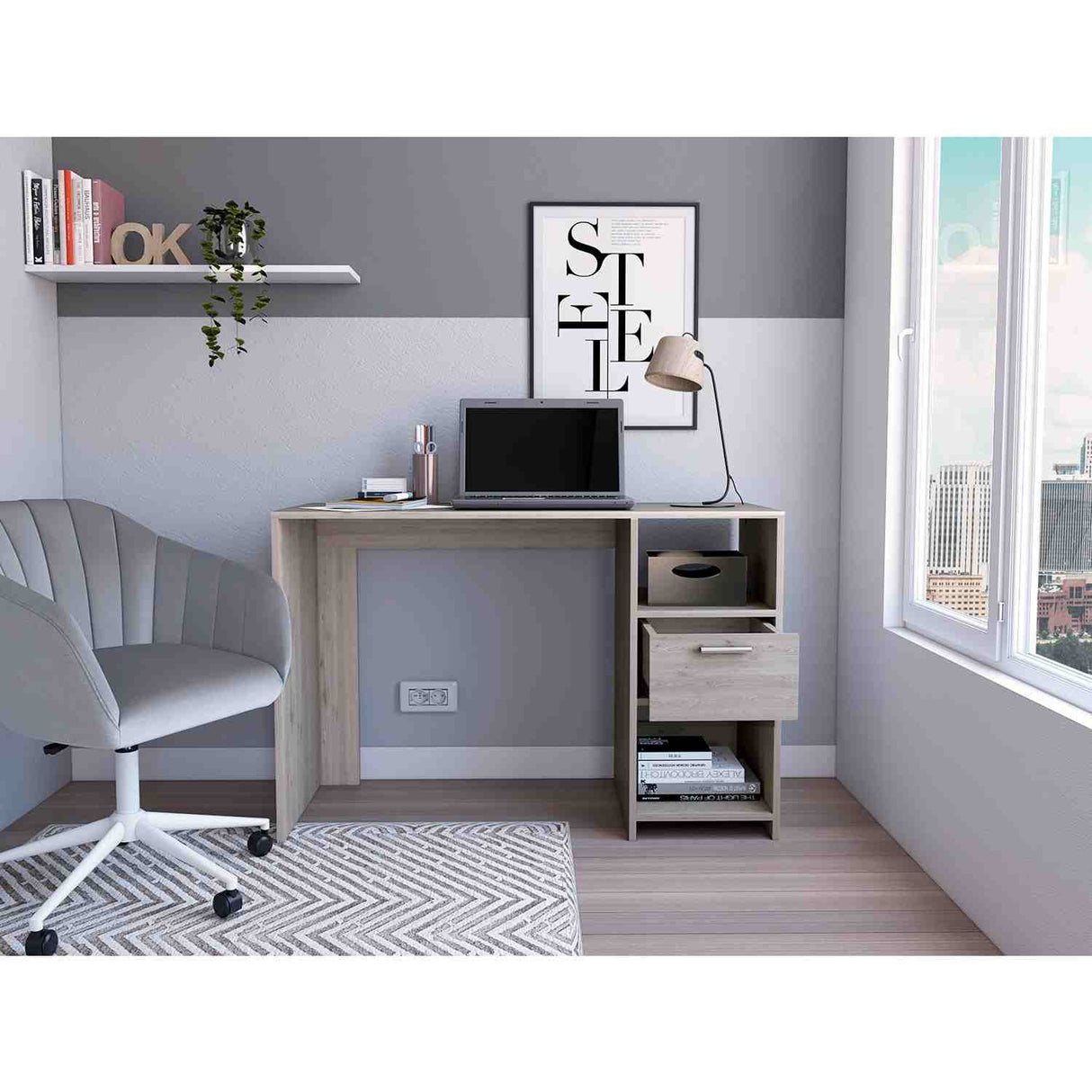 Escritorio Omma Ceniza 110 cm con Un Cajón y Dos Entrepaños - Escritorios | Bylmo