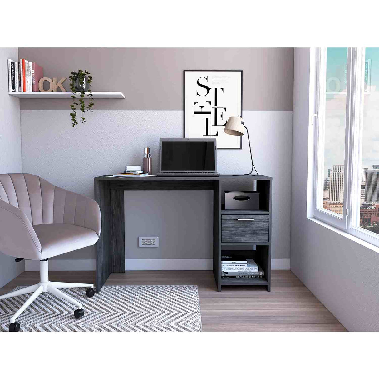 Escritorio Omma Roble Gris 110 cm con Un Cajón y Dos Entrepaños - Escritorios | Bylmo