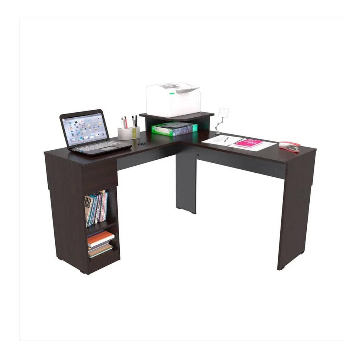 Escritorio en L Veneza Wengue 120.9x86.6cm Con Un Cajón y con Organizador de Libros - Escritorios | Bylmo