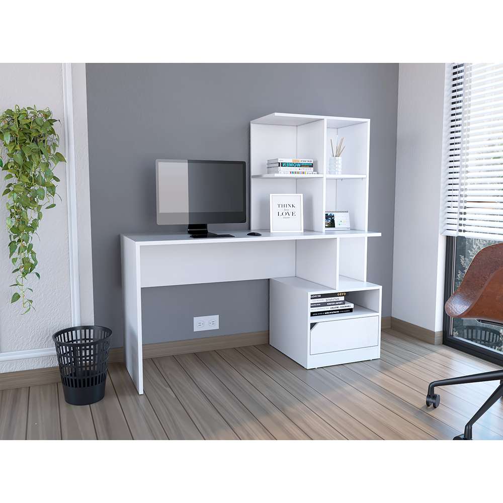 Escritorio con Biblioteca Alito Blanco 140x140cm Con Un Cajón y con Organizador de Libros - Escritorios | Bylmo