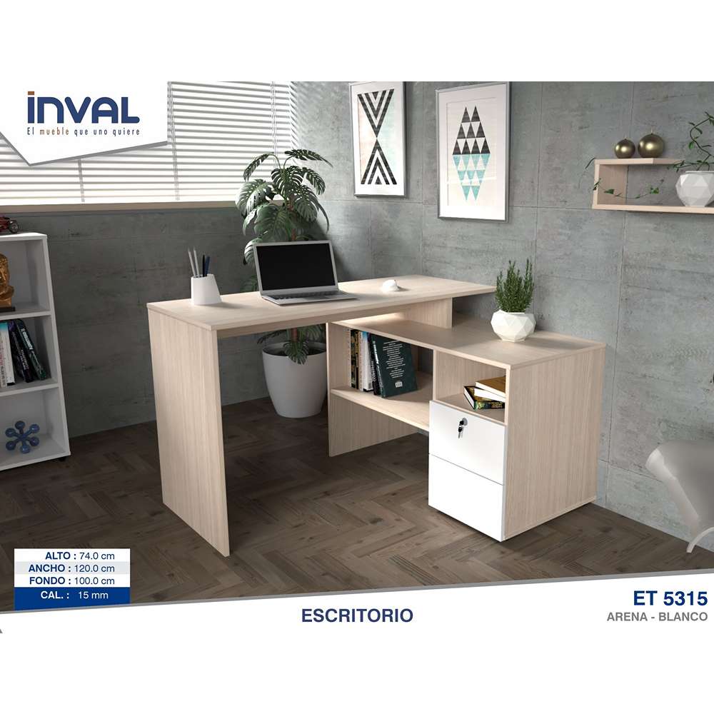 Escritorio en L ET5315 Arena 120x74cm Con Dos Cajones - Oficina | Bylmo
