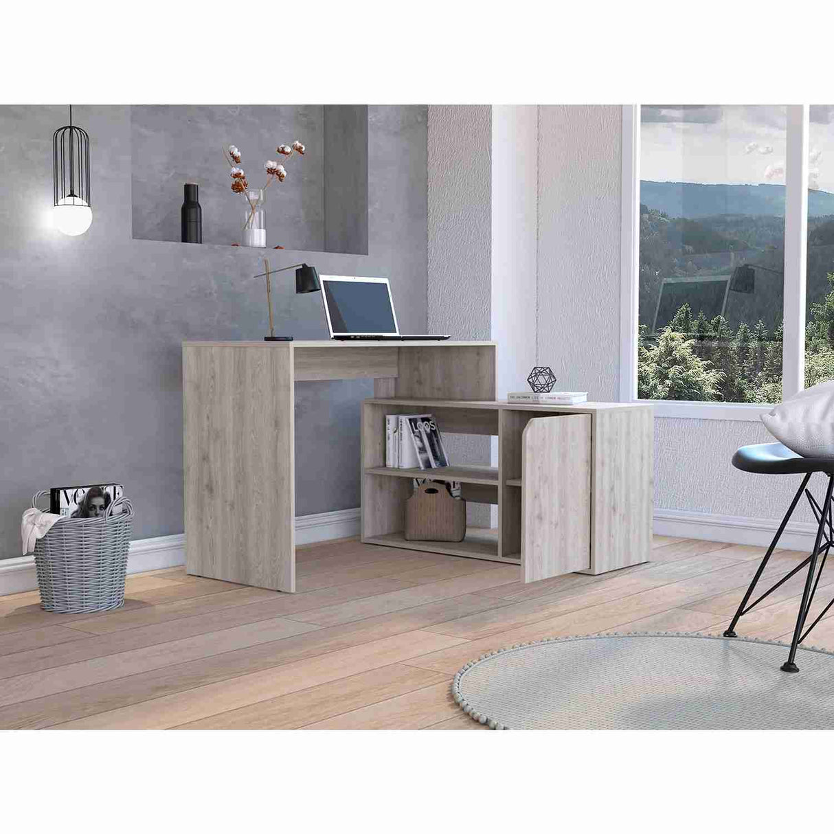 Escritorio en L Rennes Ceniza 117 cm con Dos Entrepaños y Una Puerta - Escritorios | Bylmo