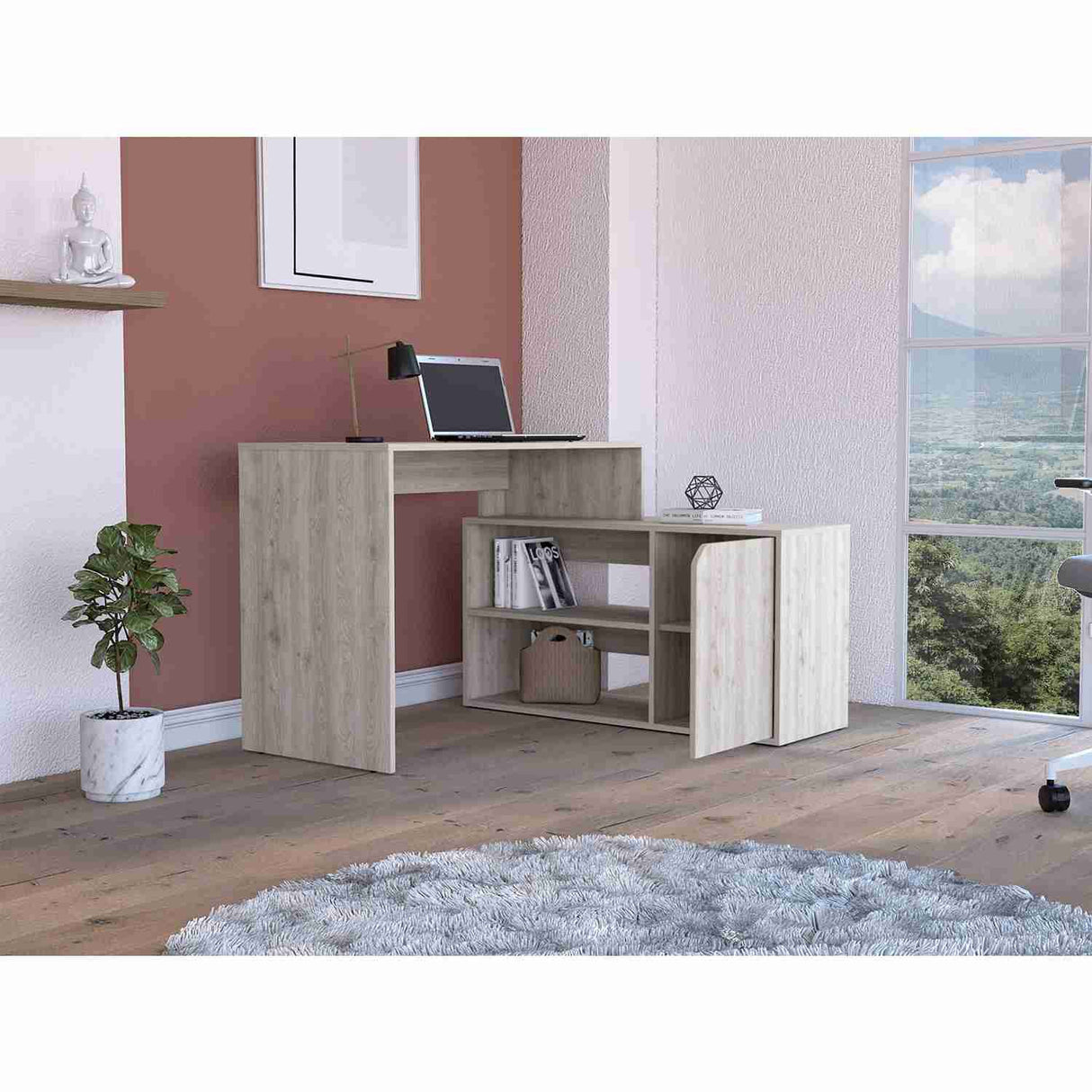 Escritorio en L Rennes Ceniza 117 cm con Dos Entrepaños y Una Puerta - Escritorios | Bylmo