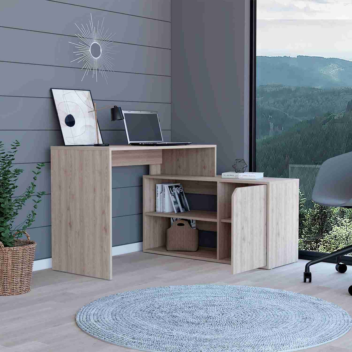 Escritorio en L Rennes Ceniza 117 cm con Dos Entrepaños y Una Puerta - Escritorios | Bylmo