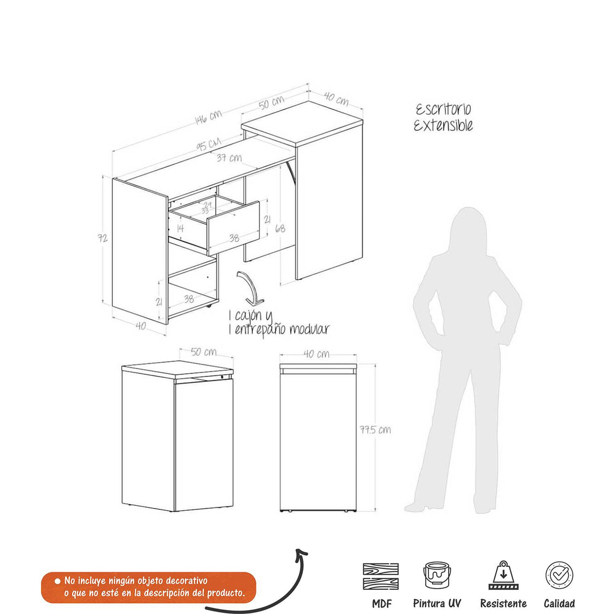 Escritorio Extensible Malbec Duna 148x77cm Con Un Cajón y con Organizador de Libros - Escritorios | Bylmo