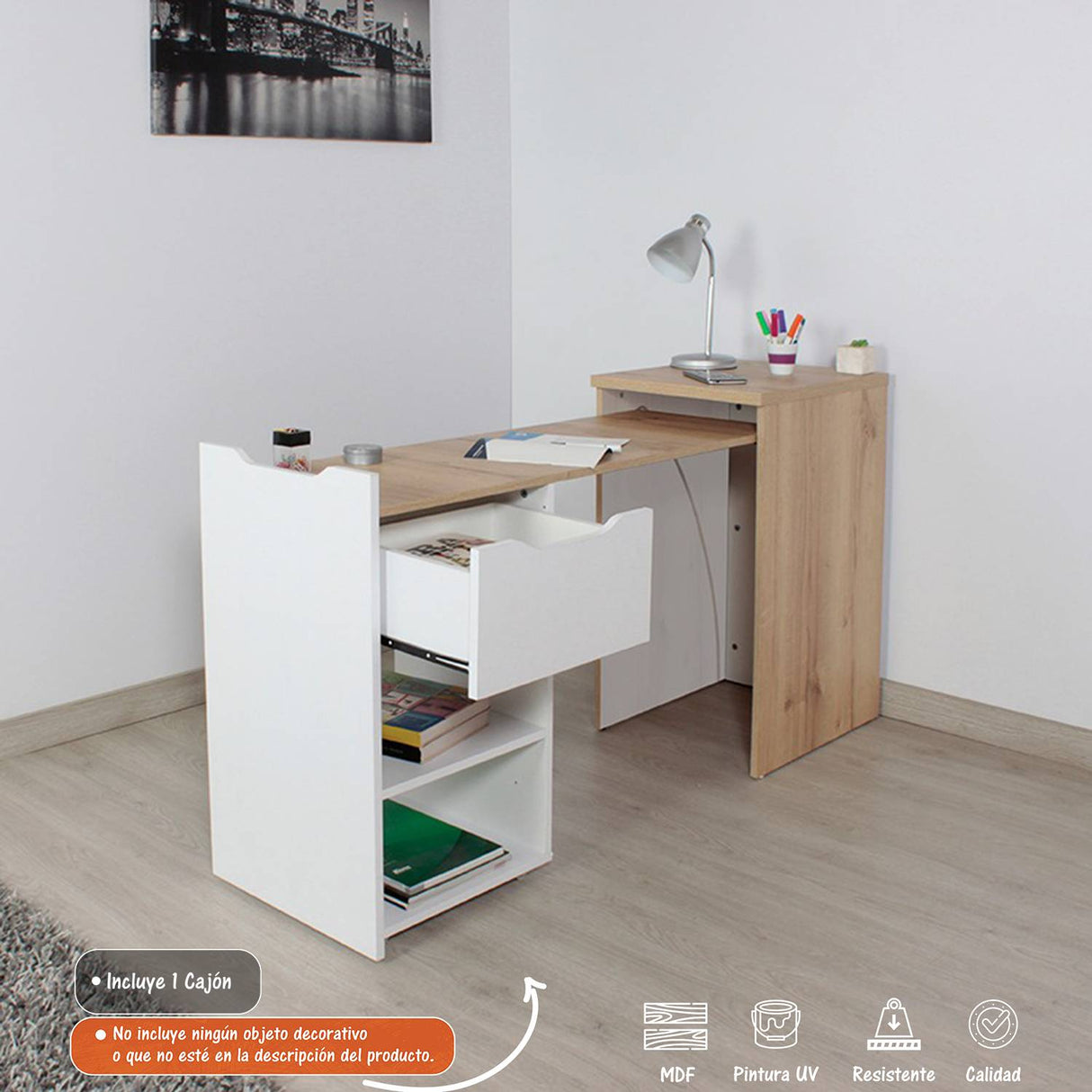 Escritorio Extensible Provenza Duna 40x77.8cm Con Un Cajón y con Organizador de Libros - Escritorios | Bylmo
