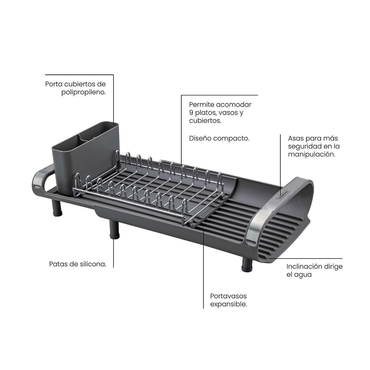 Escurridor para Vajillas Rectangular Crisa Grafito 10 cm con Portacubiertos Compacto - Utensilios y Accesorios | Bylmo