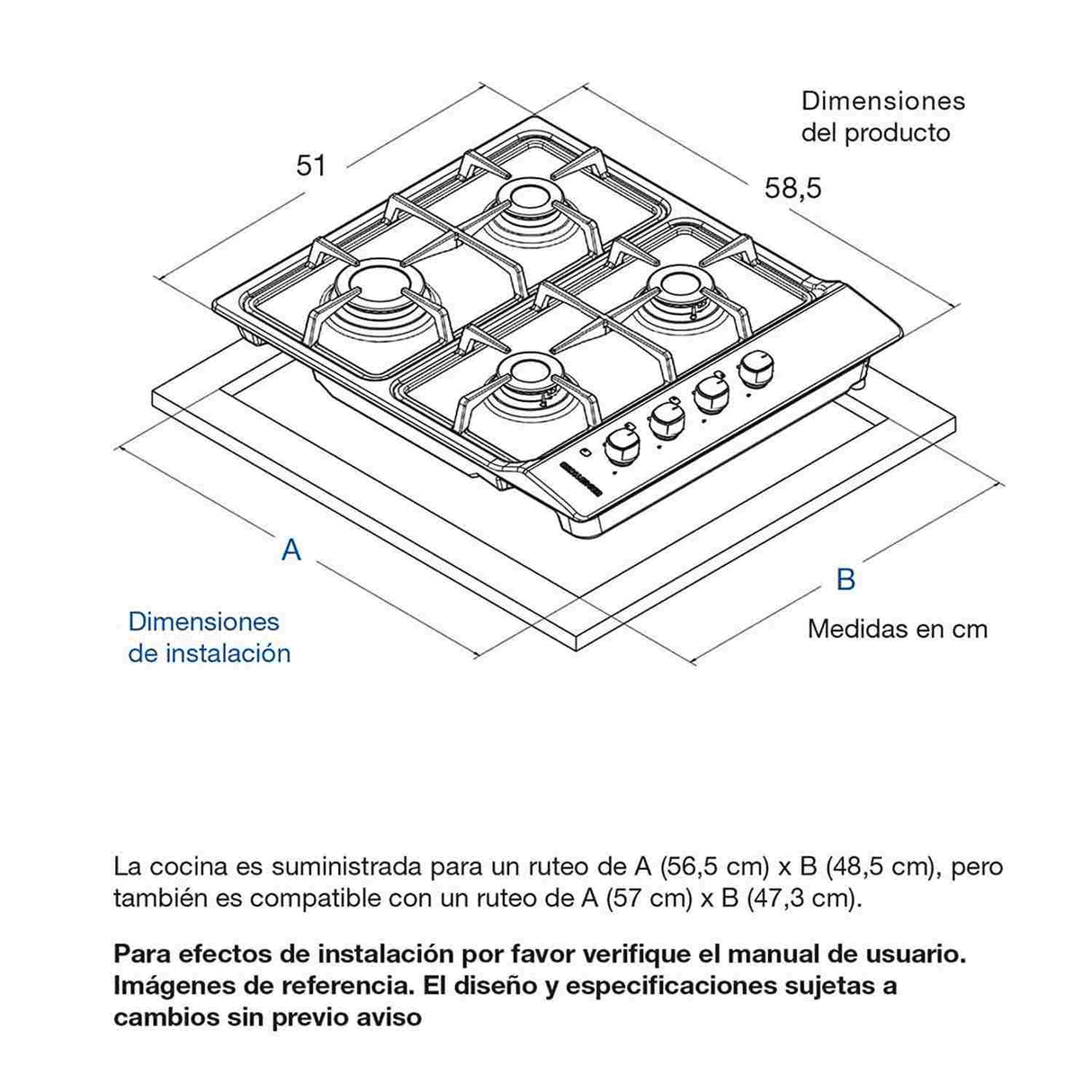 Estufa de Empotrar Challenger Acero 59x51cm de Cuatro Quemadores - Electrodomesticos | Bylmo