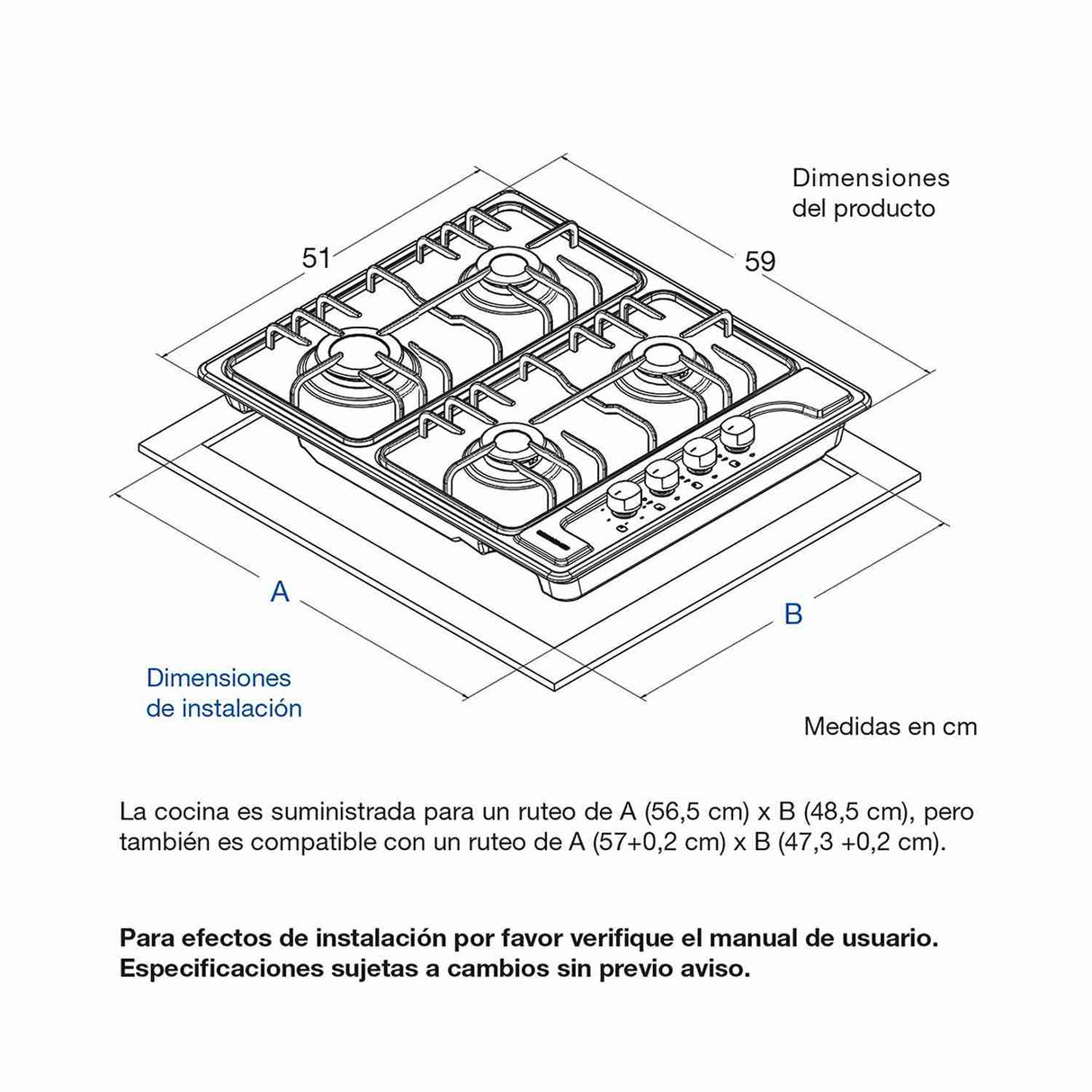 Estufa de Empotrar Challenger Acero 51x59cm de Cuatro Quemadores - Electrodomesticos | Bylmo
