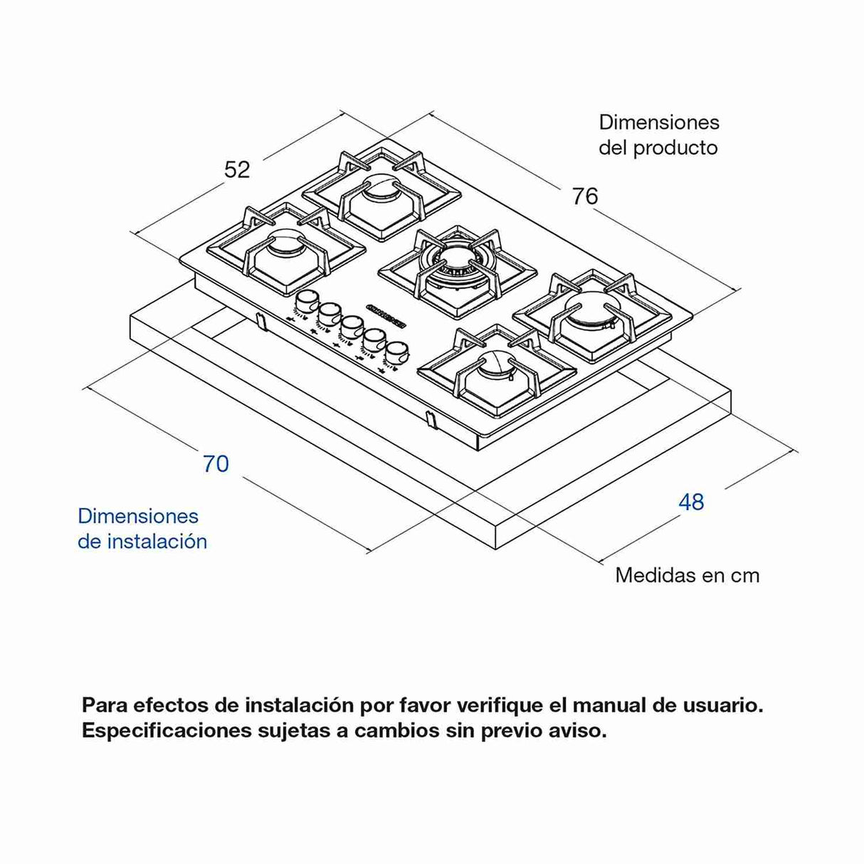 Estufa de Empotrar Challenger Negro 76x52cm de Cinco Quemadores - Electrodomesticos | Bylmo