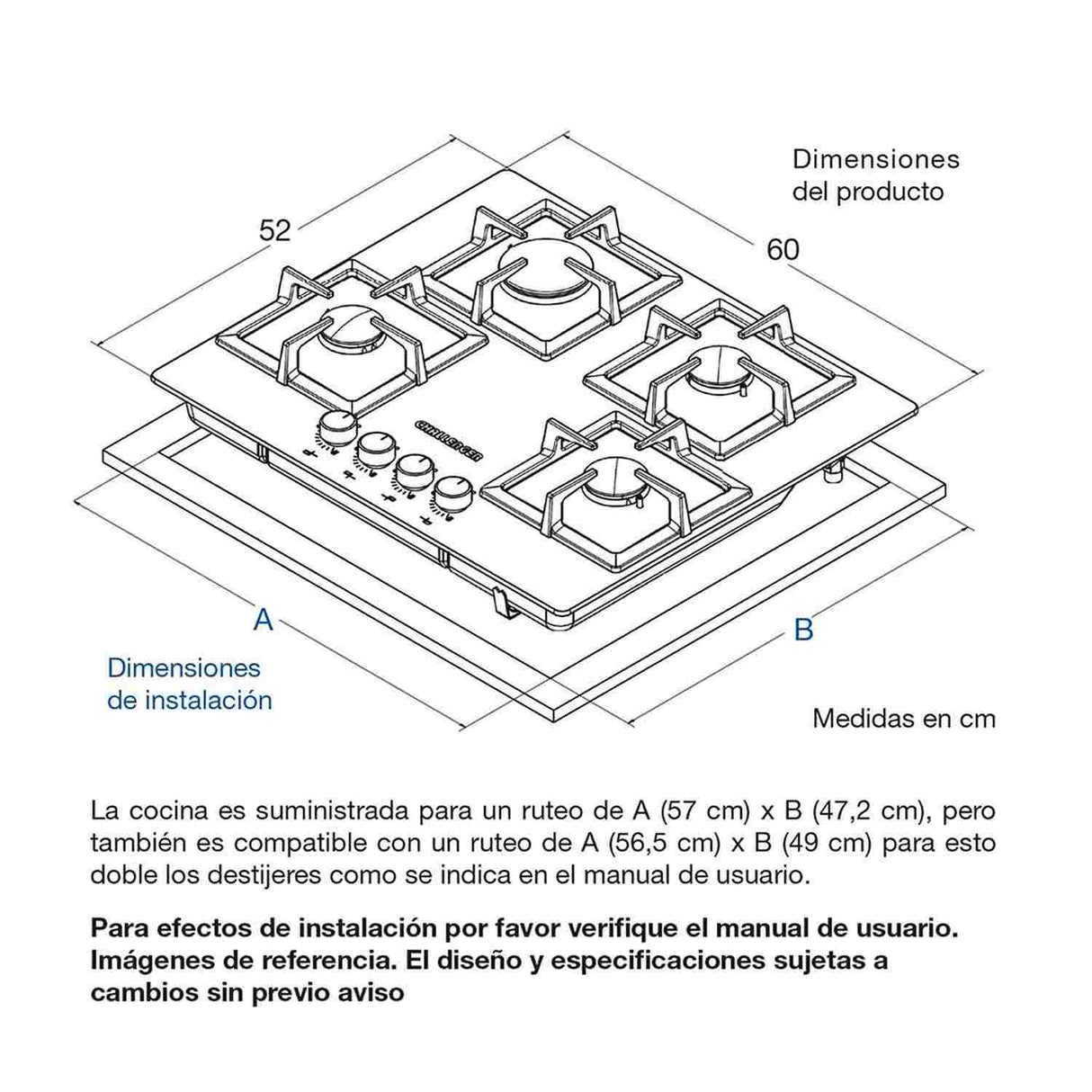 Estufa de Empotrar Challenger Negro 60x52cm de Cuatro Quemadores - Electrodomesticos | Bylmo