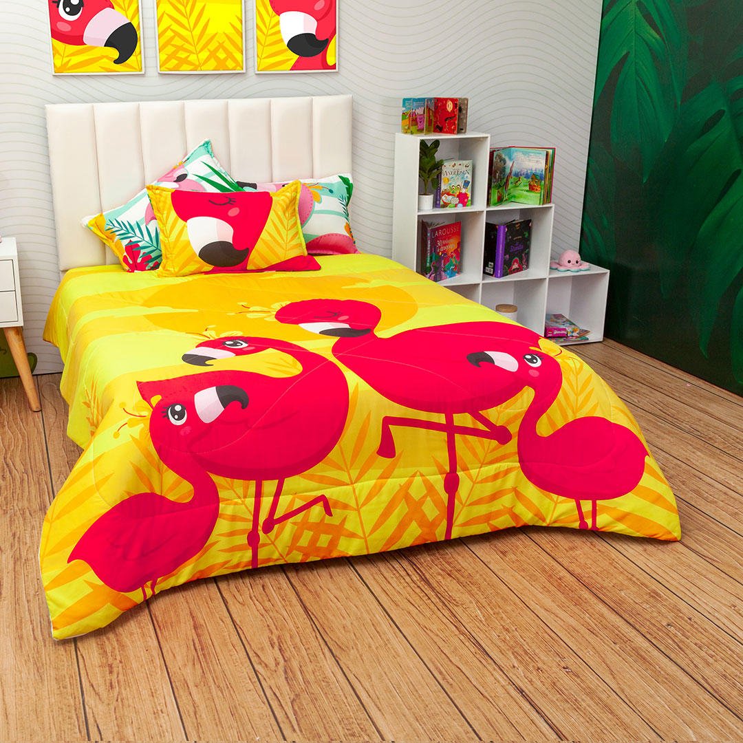Cubrelecho Semi Acolchado Infantil Azul y Amarillo para Cama Sencillo 100 X 190 Cm Doble Faz de Flamencos - Ropa de Cama | Bylmo
