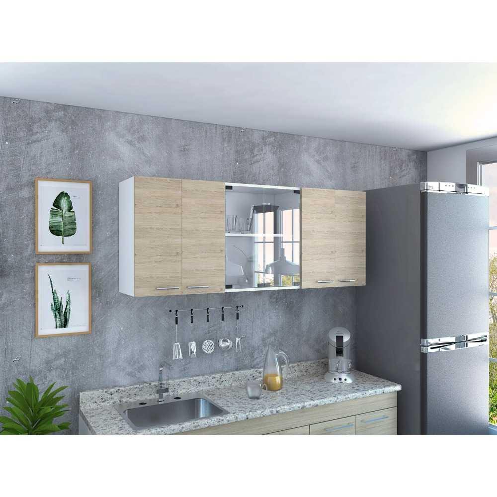 Mueble Superior de Cocina Rovere y Blanco 150x60cm con Seis Puertas con Locero - Cocinas | Bylmo