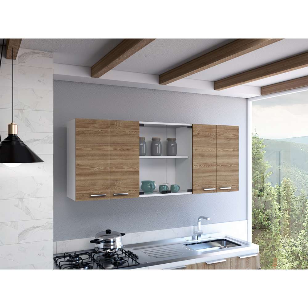 Mueble Superior de Cocina Miel y Blanco 150x60cm con Seis Puertas con Locero - Cocinas | Bylmo