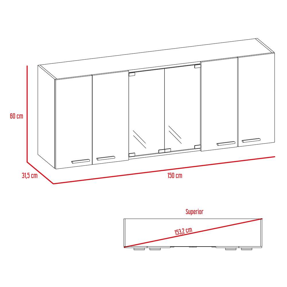 Mueble Superior de Cocina Miel y Blanco 150x60cm con Seis Puertas con Locero - Cocinas | Bylmo