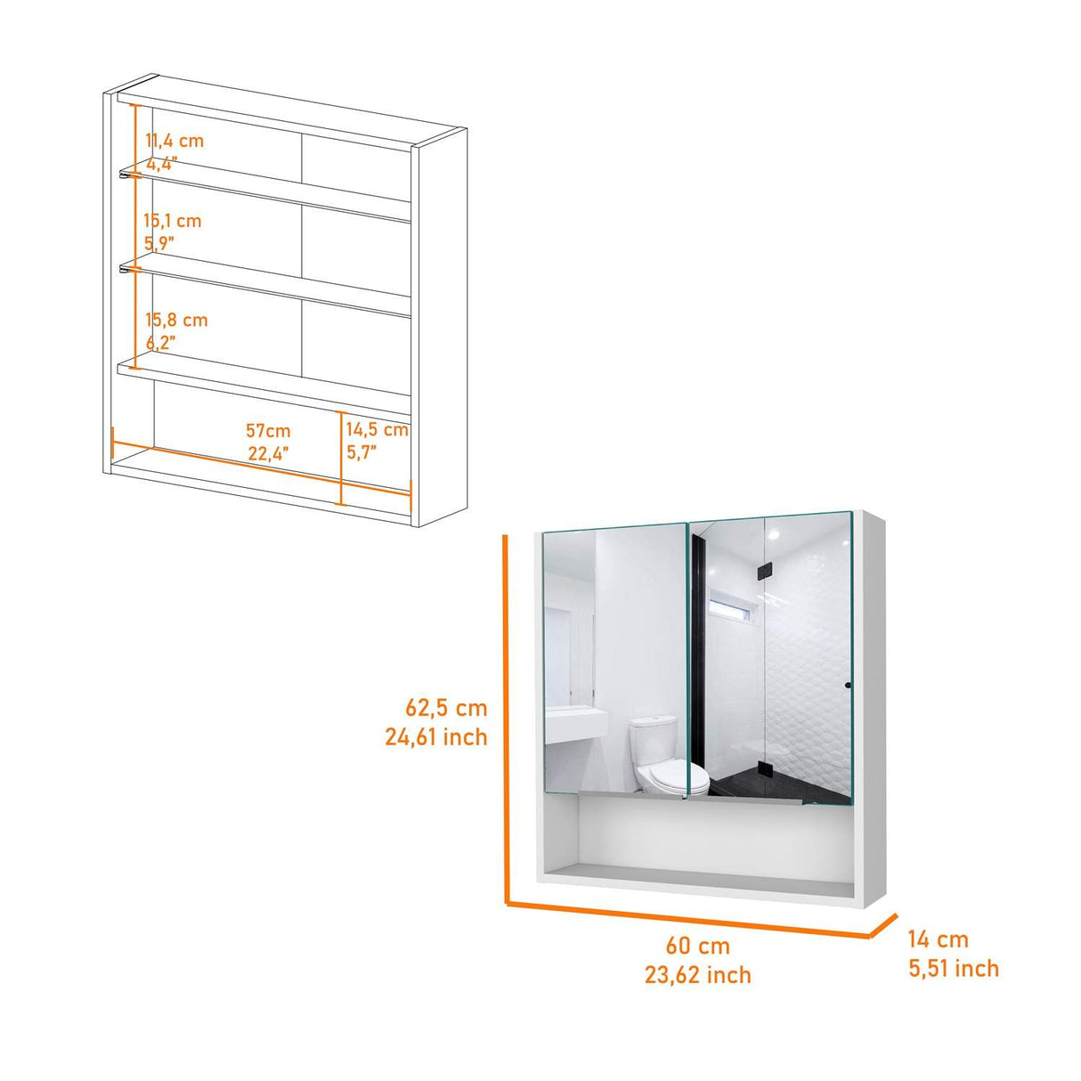 Gabinete de Baño Jaspe Blanco 60x63cm Cuadrado con Espejo y con Tres Entrepaños - Gabinetes de Baño | Bylmo