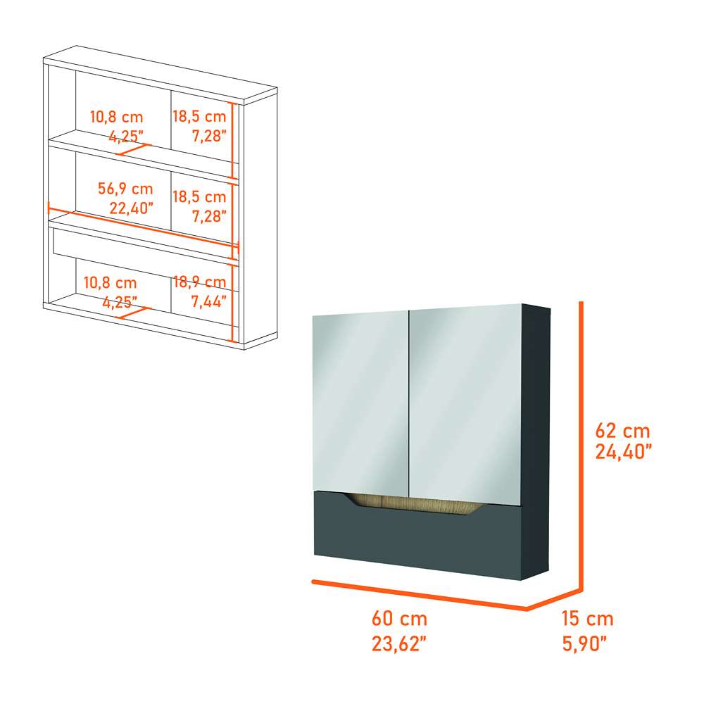 Gabinete de Baño Laurent Plomo 60 cm con Dos Puertas y Entrepaños - Gabinetes de Baño | Bylmo