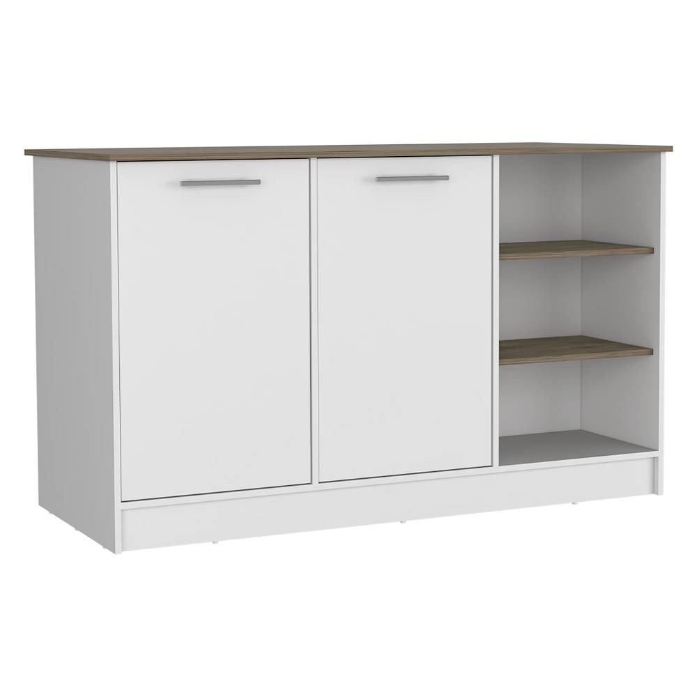 Isla de Cocina Ginger Blanco y Bellota 150x90.6cm con Cuatro Entrepaños y con Siete Comportamientos - Cocinas | Bylmo