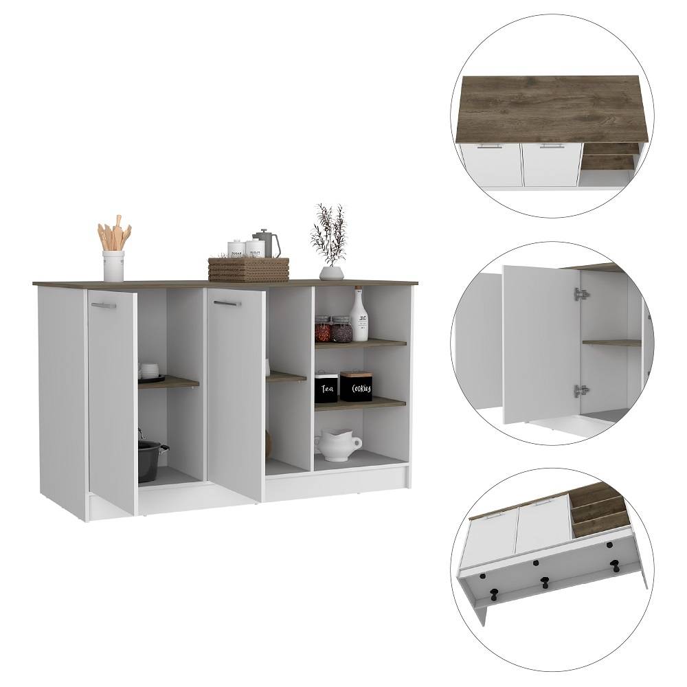Isla de Cocina Ginger Blanco y Bellota 150x90.6cm con Cuatro Entrepaños y con Siete Comportamientos - Cocinas | Bylmo