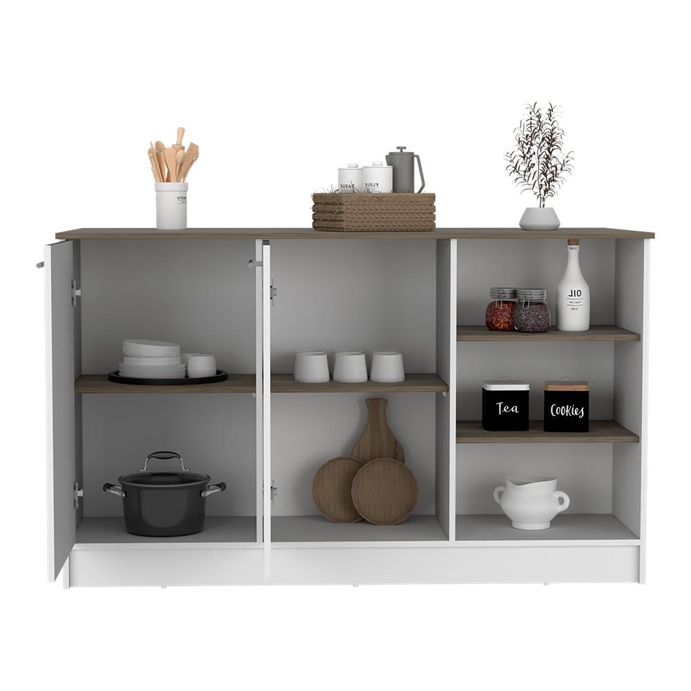 Isla de Cocina Ginger Blanco y Bellota 150x90.6cm con Cuatro Entrepaños y con Siete Comportamientos - Cocinas | Bylmo