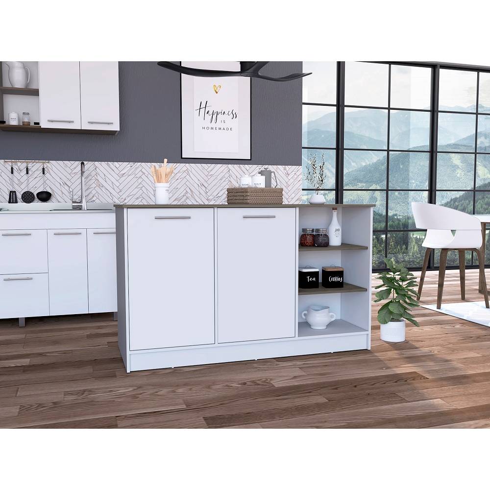 Isla de Cocina Ginger Blanco y Bellota 150x90.6cm con Cuatro Entrepaños y con Siete Comportamientos - Cocinas | Bylmo