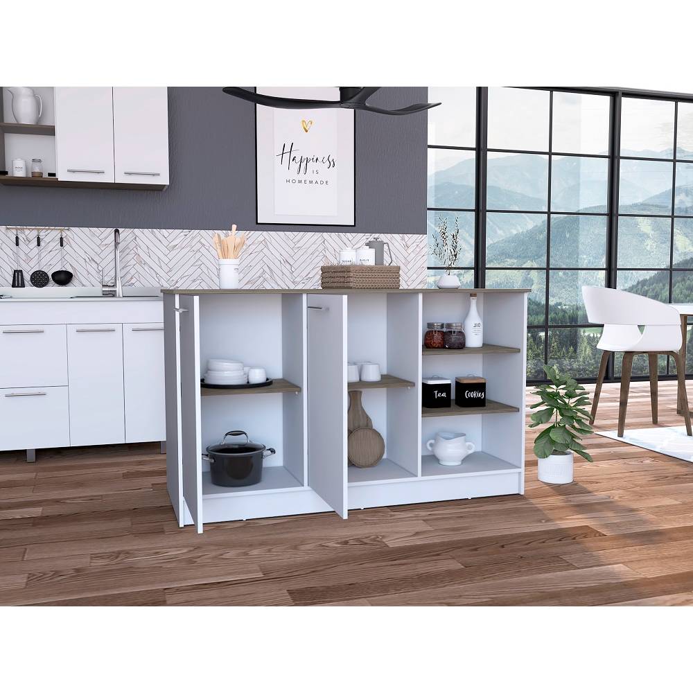 Isla de Cocina Ginger Blanco y Bellota 150x90.6cm con Cuatro Entrepaños y con Siete Comportamientos - Cocinas | Bylmo