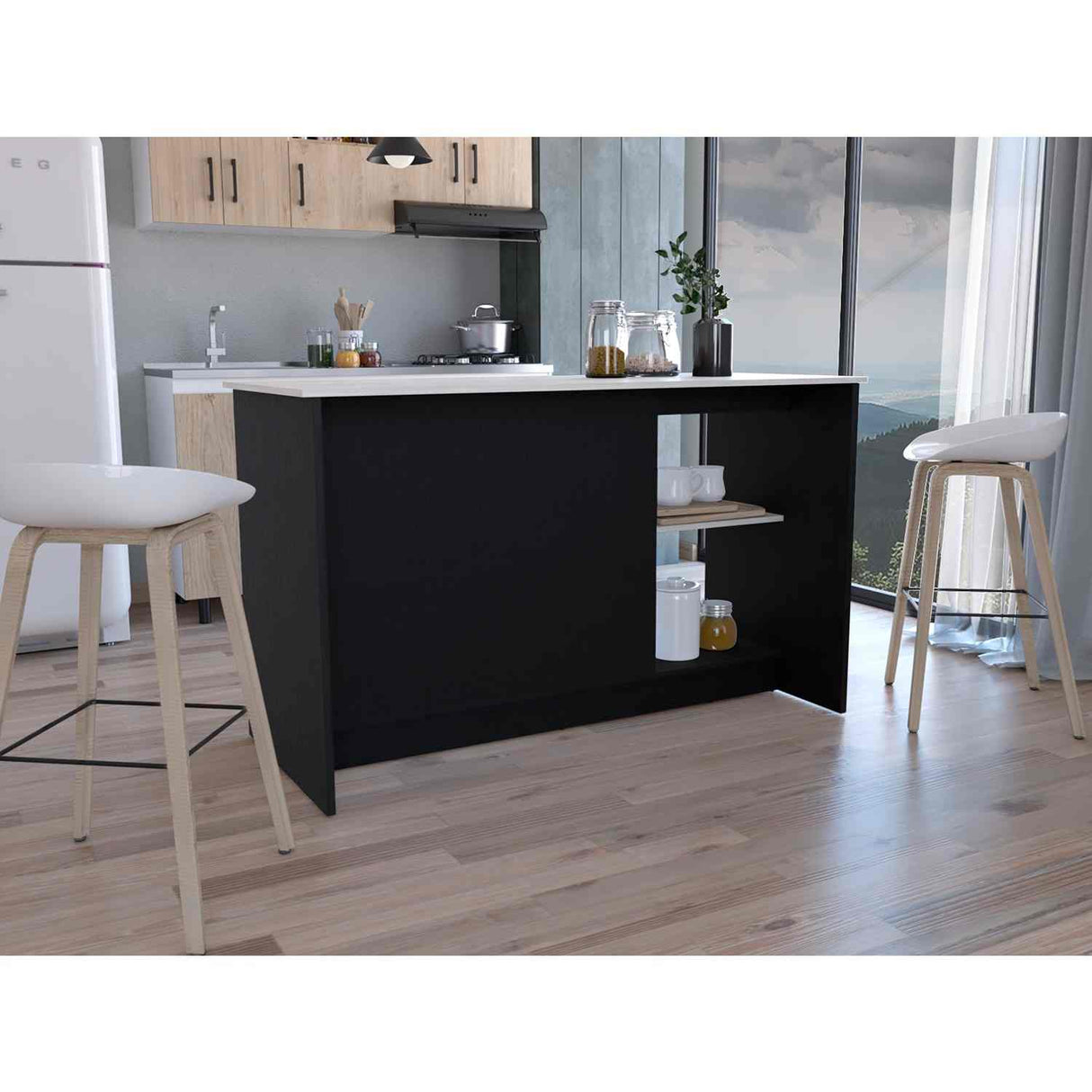 Isla de Cocina Juniper Wengue y Ibiza 150x90cm con Tres Entrepaños y Seis Compartimientos - Barras y Muebles Auxiliares | Bylmo