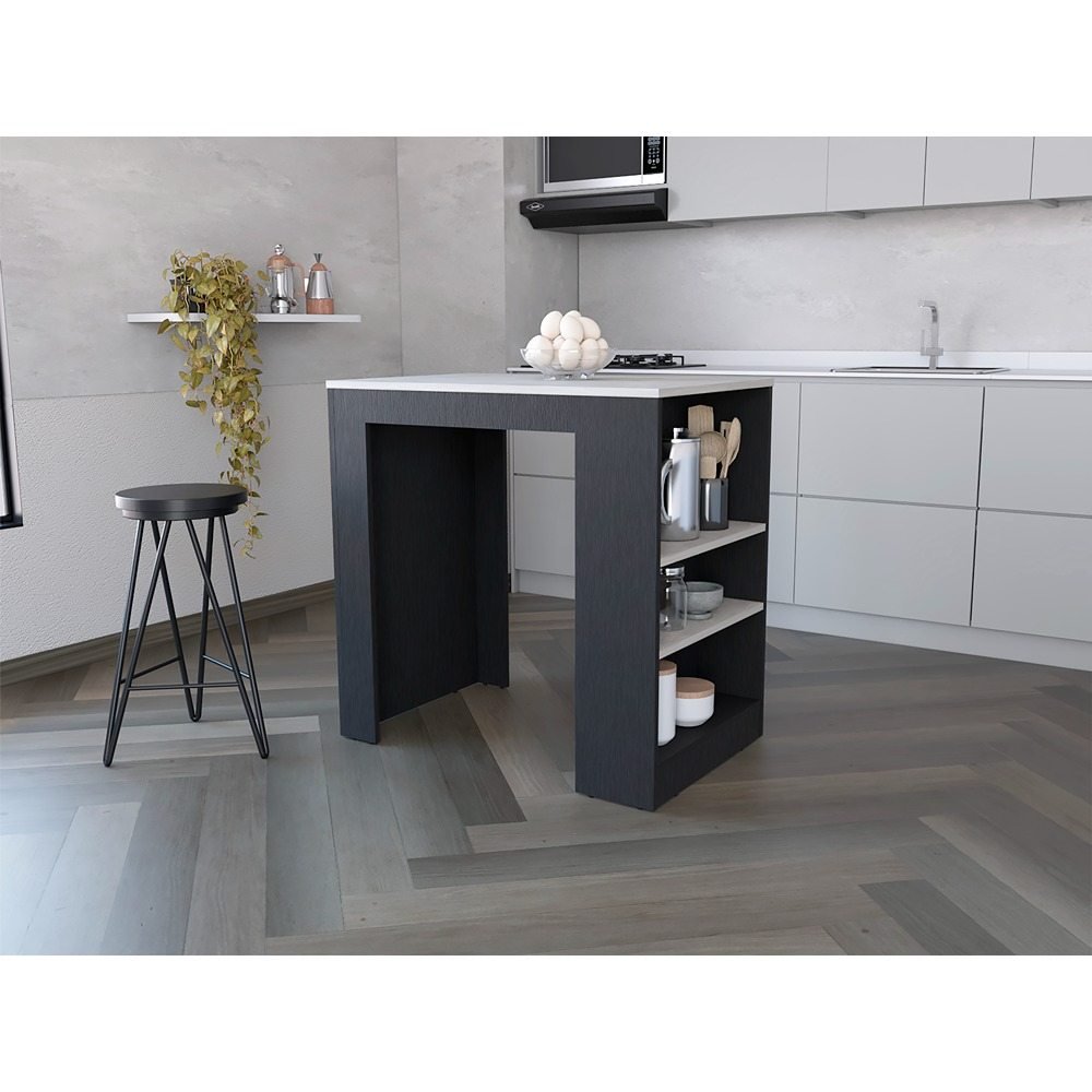 Isla de Cocina Wengue 92x91cm con Dos Entrepaños y Tres Compartimientos - Barras y Muebles Auxiliares | Bylmo