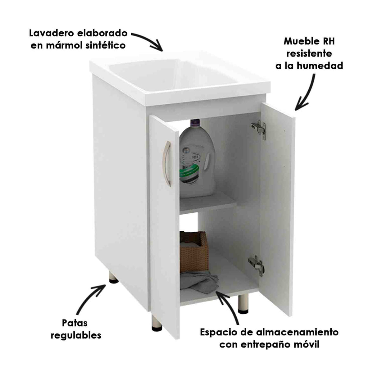 Lavadero Aqua Blanco 48 cm con Almacenamiento y Puertas - Muebles de Aseo y Ropas | Bylmo