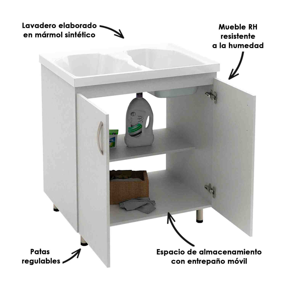 Lavadero Aqua Blanco 80 cm con Almacenamiento y Puertas - Muebles de Aseo y Ropas | Bylmo