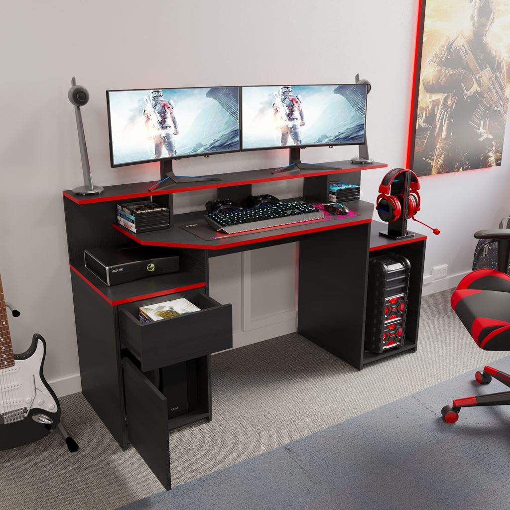 Escritorio Gamer Max Wengue y Rojo 150 cm con Cajón, Puerta y Entrepaños - Escritorios y Archivadores | Bylmo