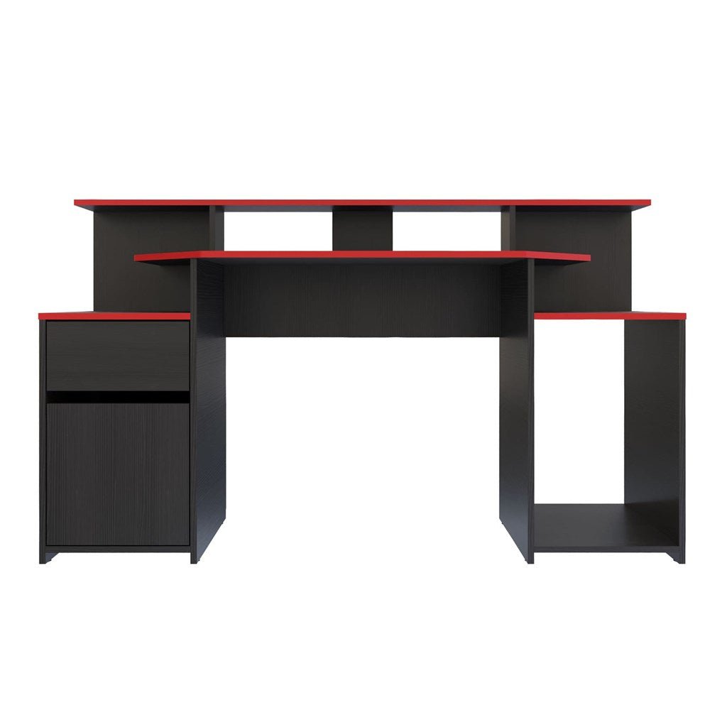 Escritorio Gamer Max Wengue y Rojo 150 cm con Cajón, Puerta y Entrepaños - Escritorios y Archivadores | Bylmo